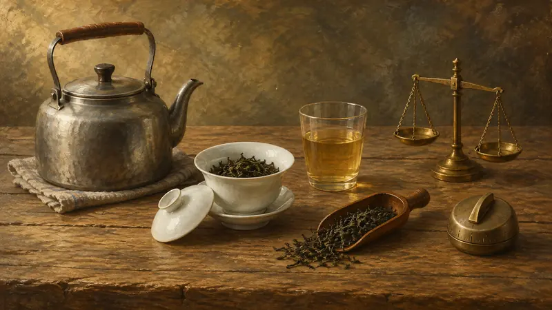 A brewing set laid out on worn wood: kettle, glass, gaiwan, scale, loose leaf in a scoop and a timer.