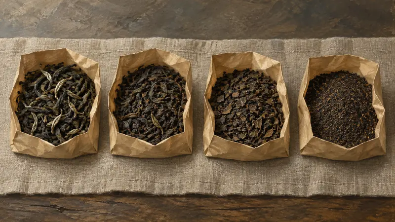 Four open paper packets of tea on linen, from whole twisted leaf with silver tips down to broken dust.