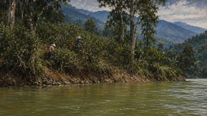 Two tea workers gathering old forest tea above the green-brown Mekong on a steep Yunnan riverbank.