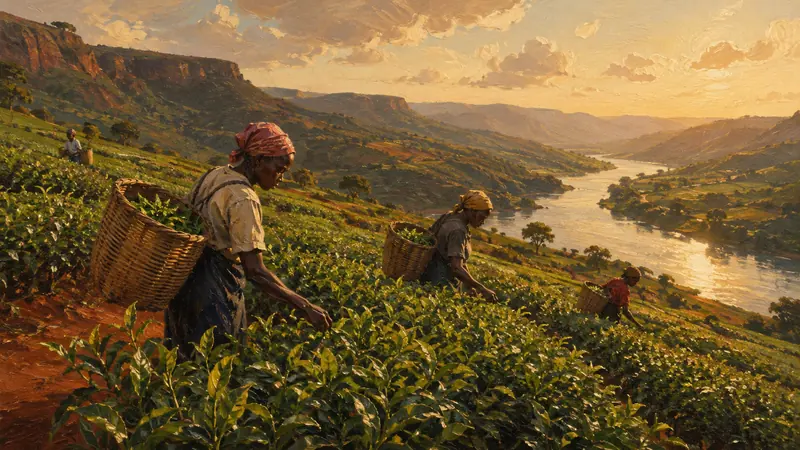 Tea picker harvesting vivid green rows above red soil paths and a bright river.