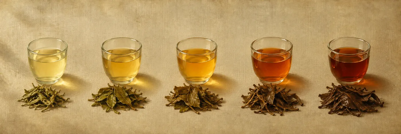 The same tea brewed at five steep times, the liquor deepening from pale gold to dark amber.
