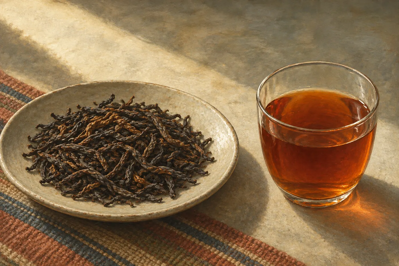 Broad twisted Huyro black tea leaves beside a deep amber-red liquor on woven cloth.