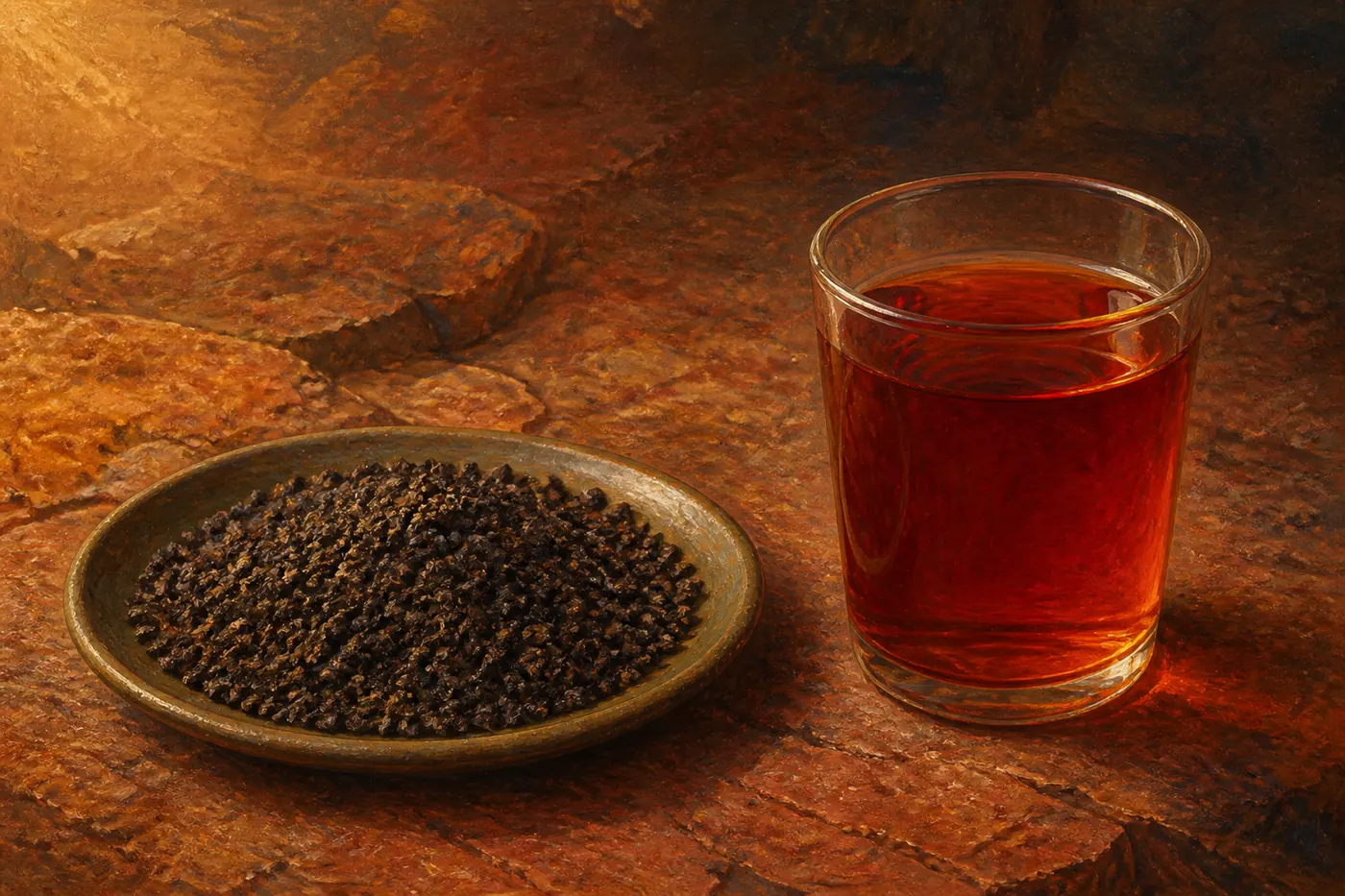 Granular CTC tea pellets with a strong red-amber liquor on ochre stone.