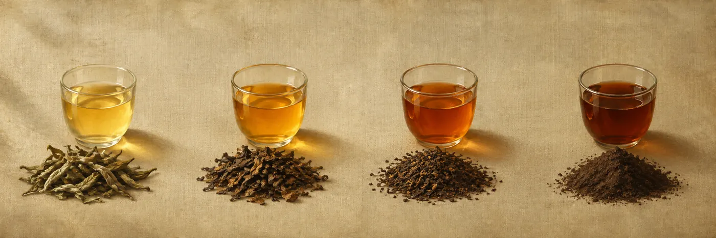 Whole leaf, broken leaf, fannings and dust, each beside the liquor it produces.