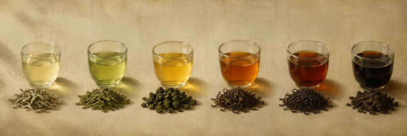 Six dry tea samples paired with brewed liquors from pale straw to near-black.