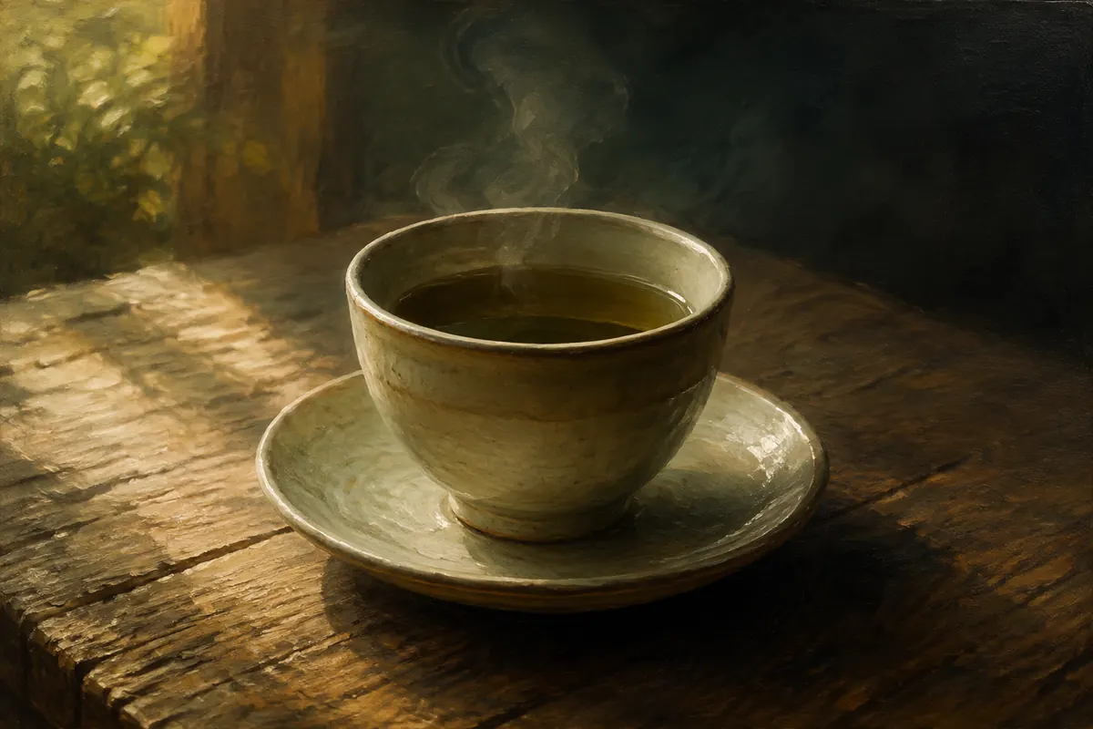 A plain ceramic cup of tea steaming on a worn wooden table.