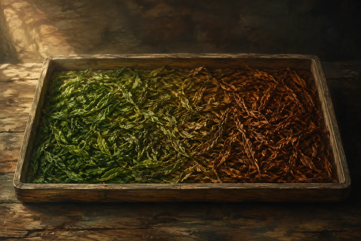 Tea leaves shifting from fresh green to copper during oxidation.