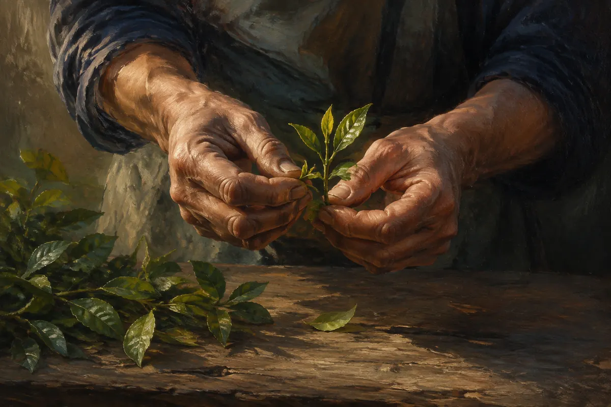 Hands plucking two tender tea leaves and a bud under warm light.