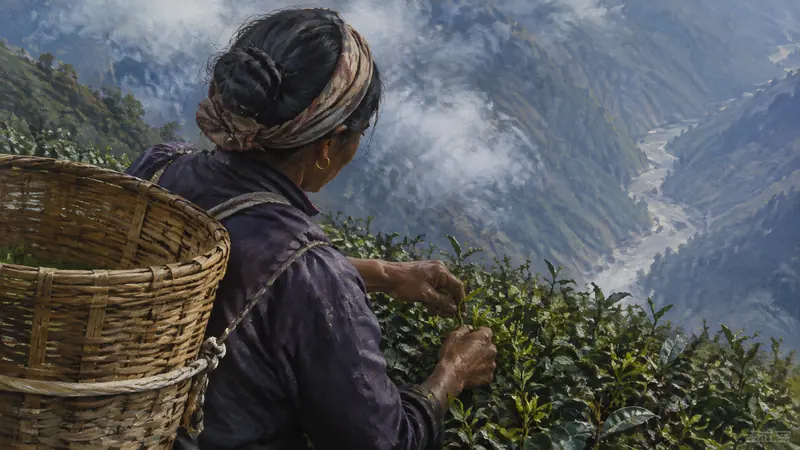 A Darjeeling tea picker seen over the shoulder, basket and hands close against small-leaf bushes with the Teesta gorge soft below.